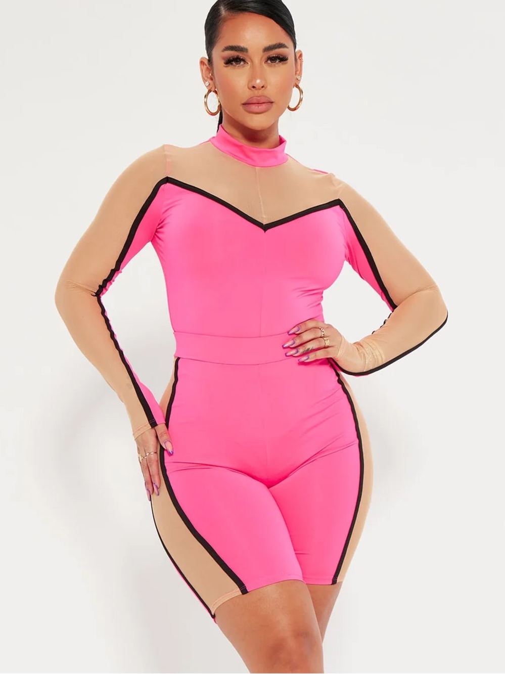 Fashion Nova Neon Pink and Tan Mesh Two-Piece Shorts Set